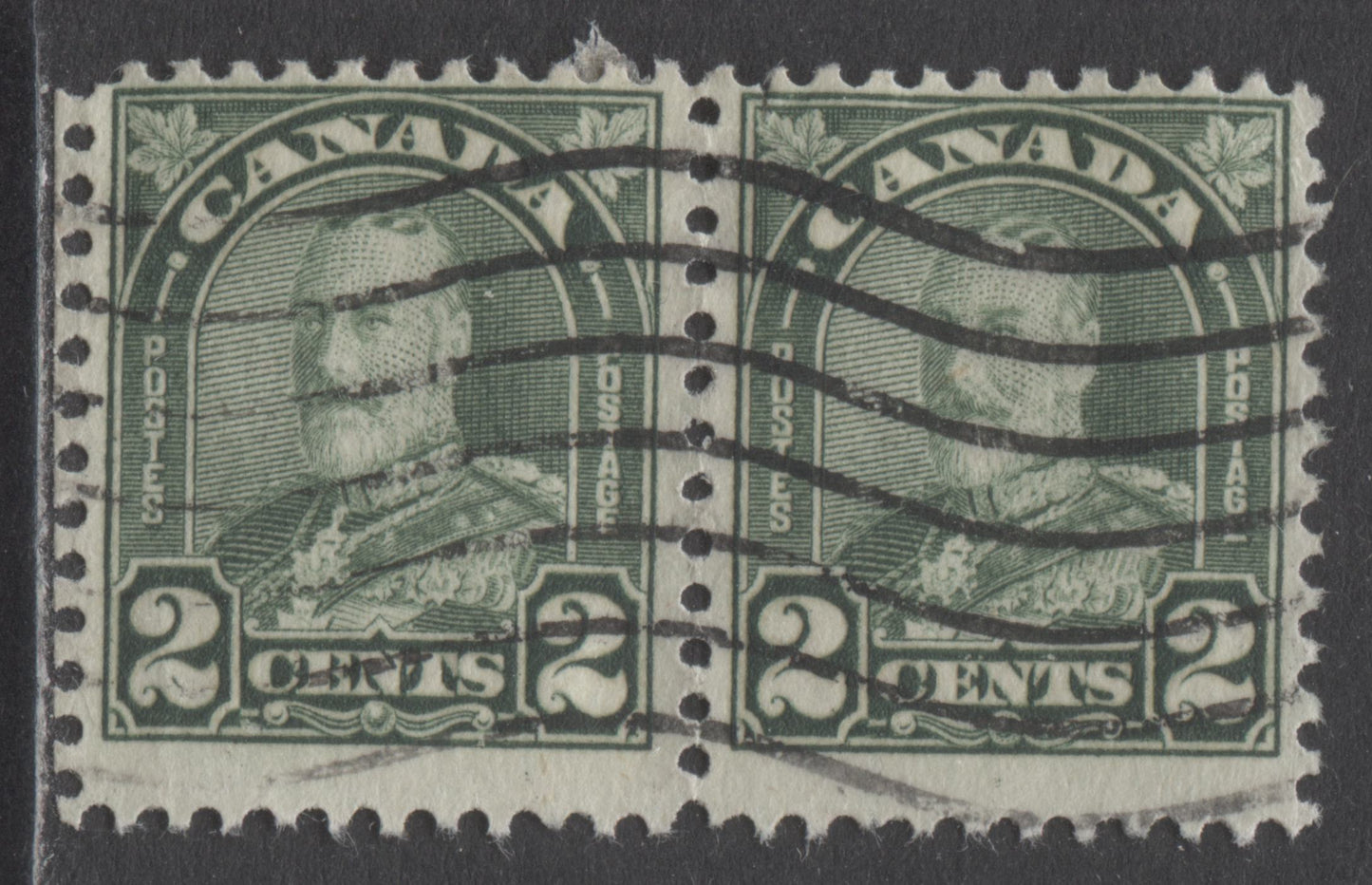 Lot 207 Canada #164var 2c Dull Green King George V, 1930-1931 Arch/Leaf Issue, A Fine Used Pair With Stroke In Left 2, Pl 5 UR Pos 91