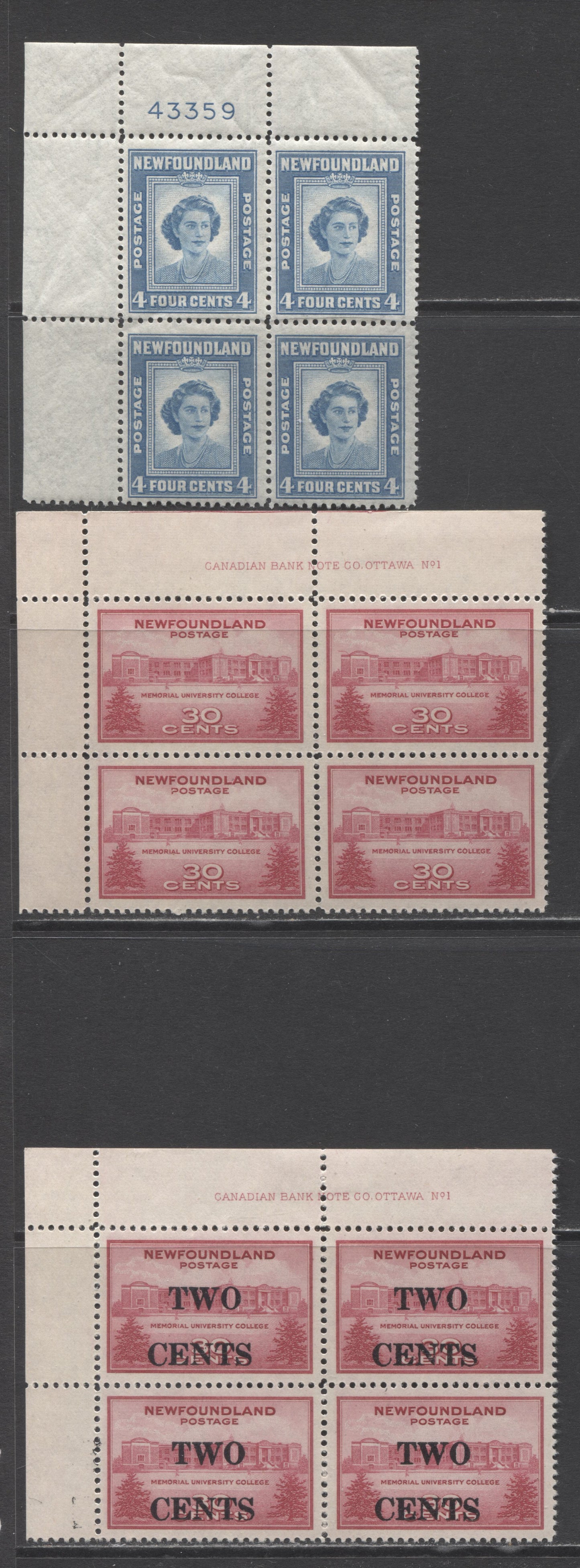 Lot 207 Newfoundland #267-269 2c On 30c, 30c & 4c Carmine & Light Blue Memorial University & Princess Elizabeth, 1943-1947 University, Surcharge & Birthday Issues, 3 F/VFNH & LH UL Plate 1 Blocks Of 4