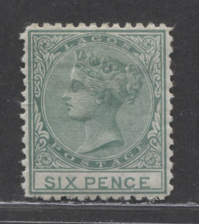 Lot 207 Lagos SG#6 (SC#5) 6d Deep Green & Bright Green, Queen Victoria, 1874-1876 Perf. 12.5 Crown CC Issue, 2nd Printing, A Very Fine Mint OG, Frame Break Below "C" of "Pence", 2022 Scott Classic Cat. $150 USD,  Click on Listing to See ALL Pictures