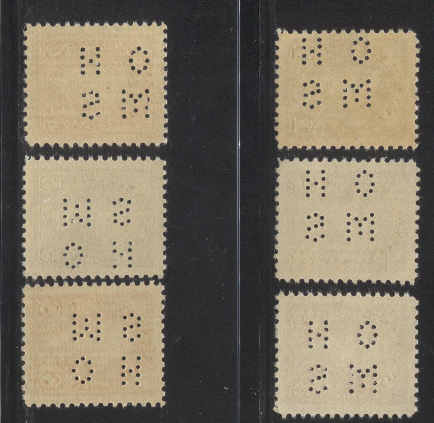 Lot 207 Canada #O9-231 - O9-236 1c-8c Green - Orange King George VI, 1937 Mufti Issue 4-Hole OHMS Perfins, Positions E and , 6 VFNH Singles