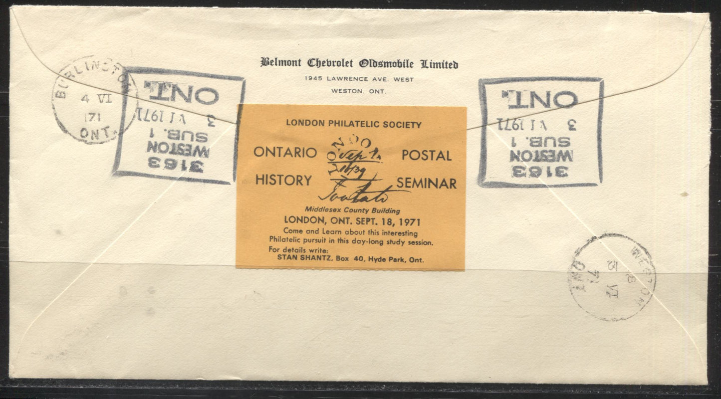 Lot 207 Canada #465A, 460c 50c And 6c Brown Orange And Black Summer's Stores & Queen Elizabeth II, 1967-1973 Centennial Definitive Issue, A 56c Cover Rate With A Postal History Society Seminar Sticker On Back, June 1971