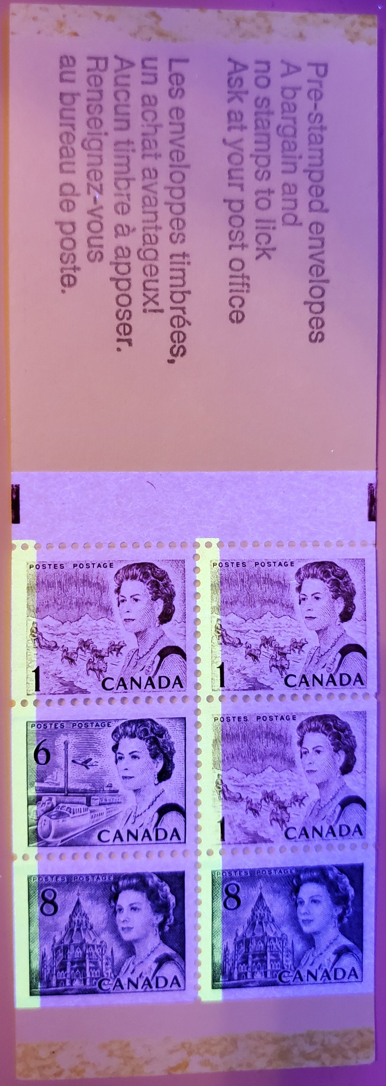 Lot 208 Canada #bk69fvar 1c, 6c & 8c Brown, Black & Slate Queen Elizabeth II, 1967-1973 Centennial Issue, A VFNH 25c T7 Booklet On HF-fl Smooth Paper, Setting B, Clear Sealing Strip, G2aL Tagging Error, Missing Design Portion