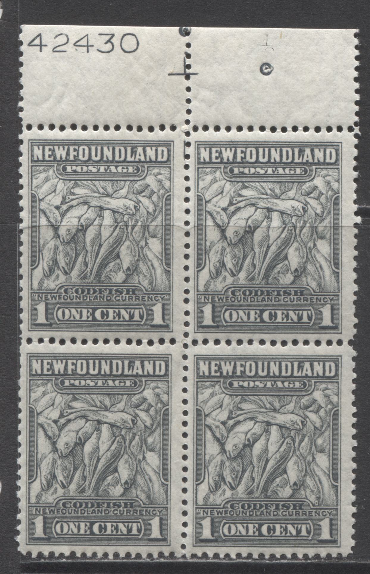 Lot 208 Newfoundland #253 1c Dark Gray Codfish, 1941-1944 Resources Re-Issue, A FNH Top Center Plate 42430 Block Of 4