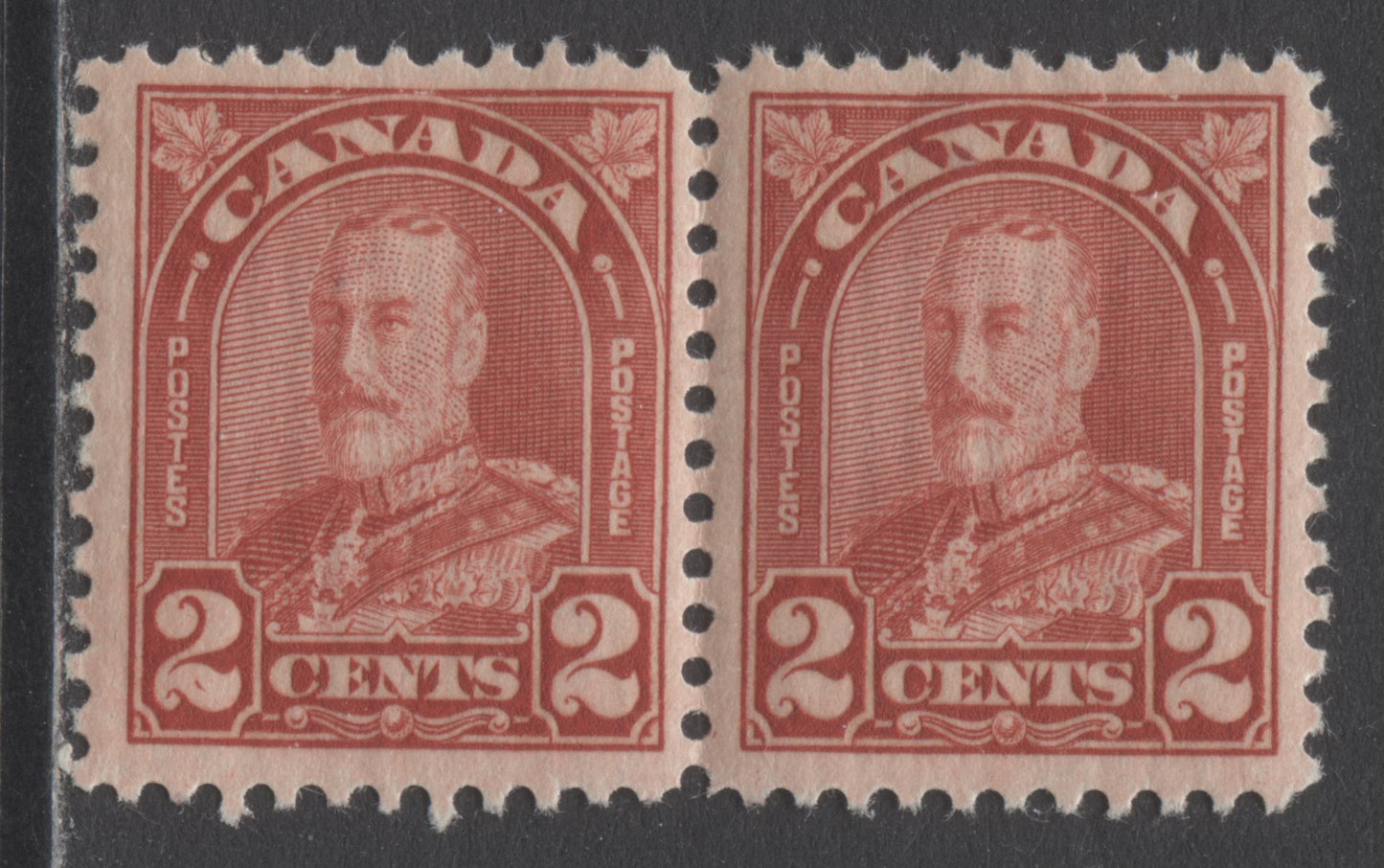 Lot 208 Canada #165avar 2c Deep Red King George V, 1930-1931 Arch/Leaf Issue, A F/VF NH/LH Pair With Stroke In Left 2, Pl 5 UR Pos 91