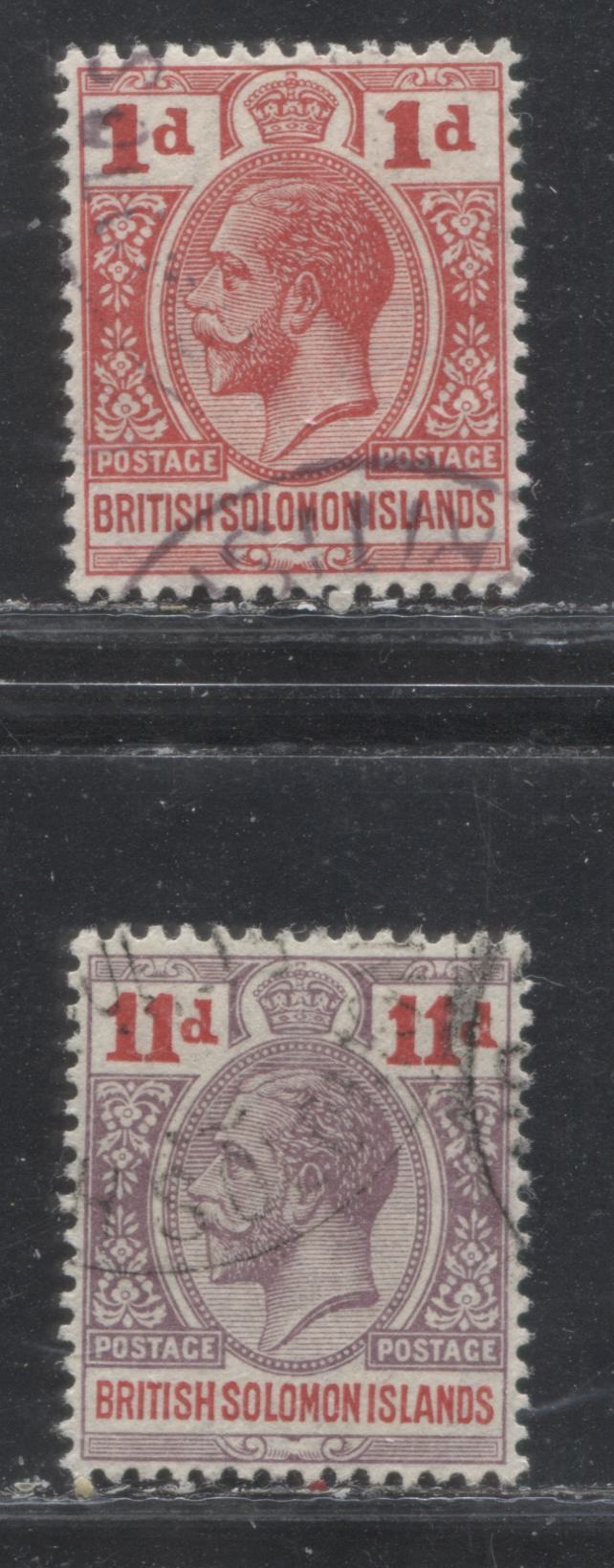 Lot 209 British Solomon Islands SG#19, 21 1d & 11d Red & Dull Purple & Scarlet King George V, 1913 Double Postage Inscribed Issue, Two Very Fine Used Singles, Multiple Crown CA WMK