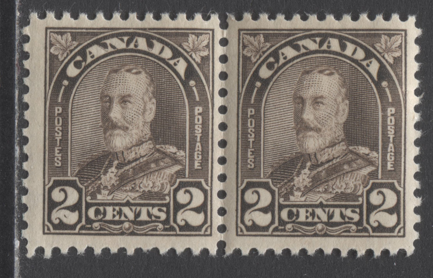 Lot 209 Canada #166avar 2c Dark Brown King George V, 1930-1931 Arch/Leaf Issue, A F/VF NH/LH Pair With Stroke In Left 2, Pl 5 UR Pos 91