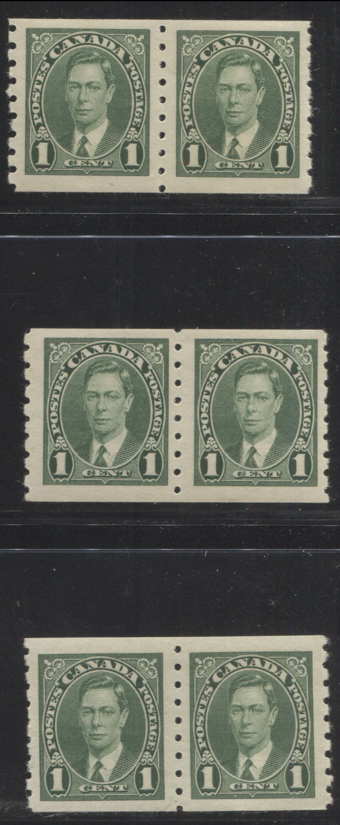 Lot 209 Canada #238 1c Green King George VI, 1937 Mufti Coil Issue, 3 Fine Nh and VFNH Coil Pairs On Horizontal Wove Paper With Different Gum Types