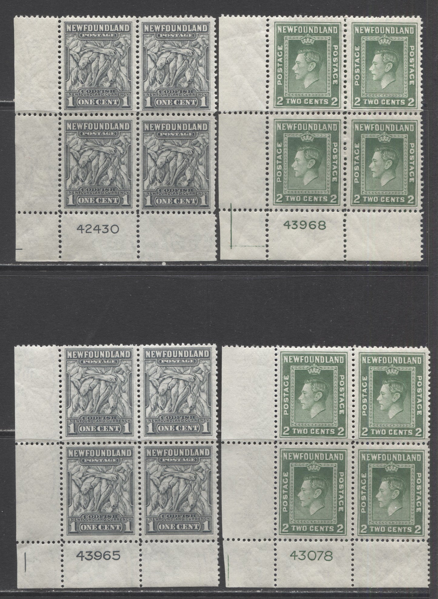 Lot 209 Newfoundland #253-254 1c & 2c Dark Gray & Deep Green Codfish & King George VI, 1941-1944 Resources Re-Issue, 4 F/VFNH LL Plate Blocks Of 4