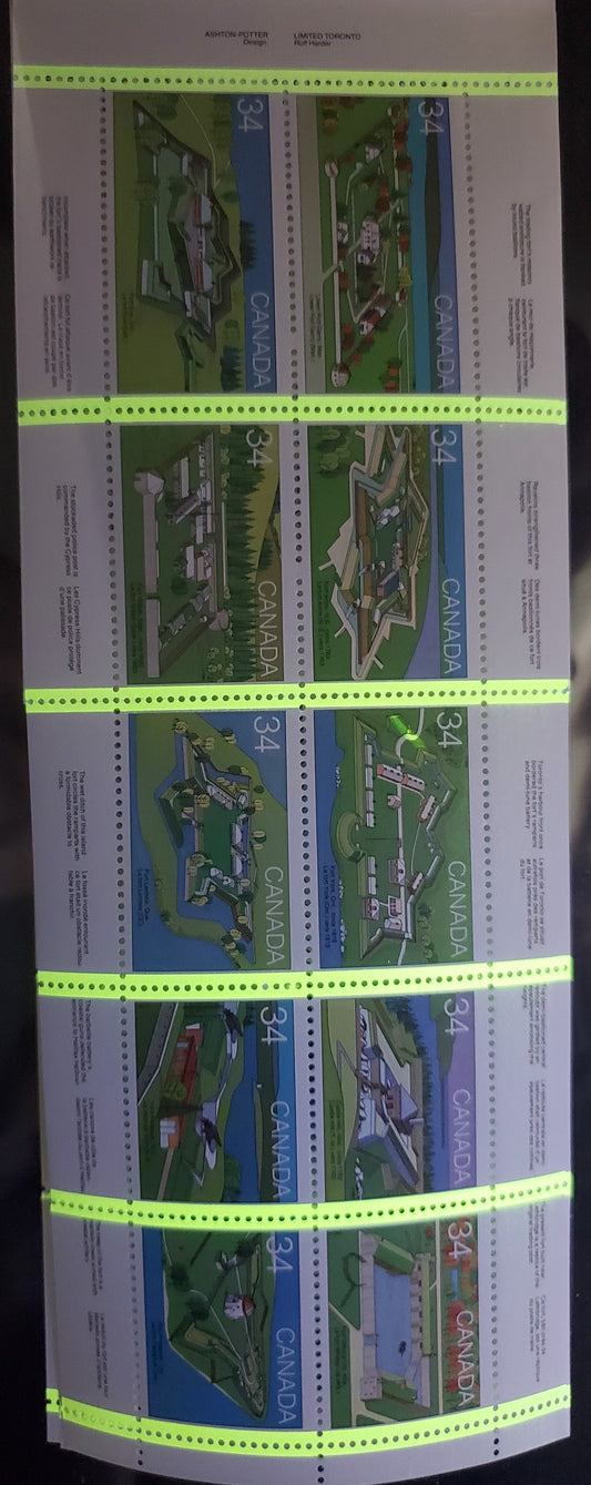 Canada #1059aii 34c Multicolored, 1984 Canadian Forts 2 Issue, A VFNH Complete Booklet With Constant Northern Lights Tagging Variety On Fort York Stamp