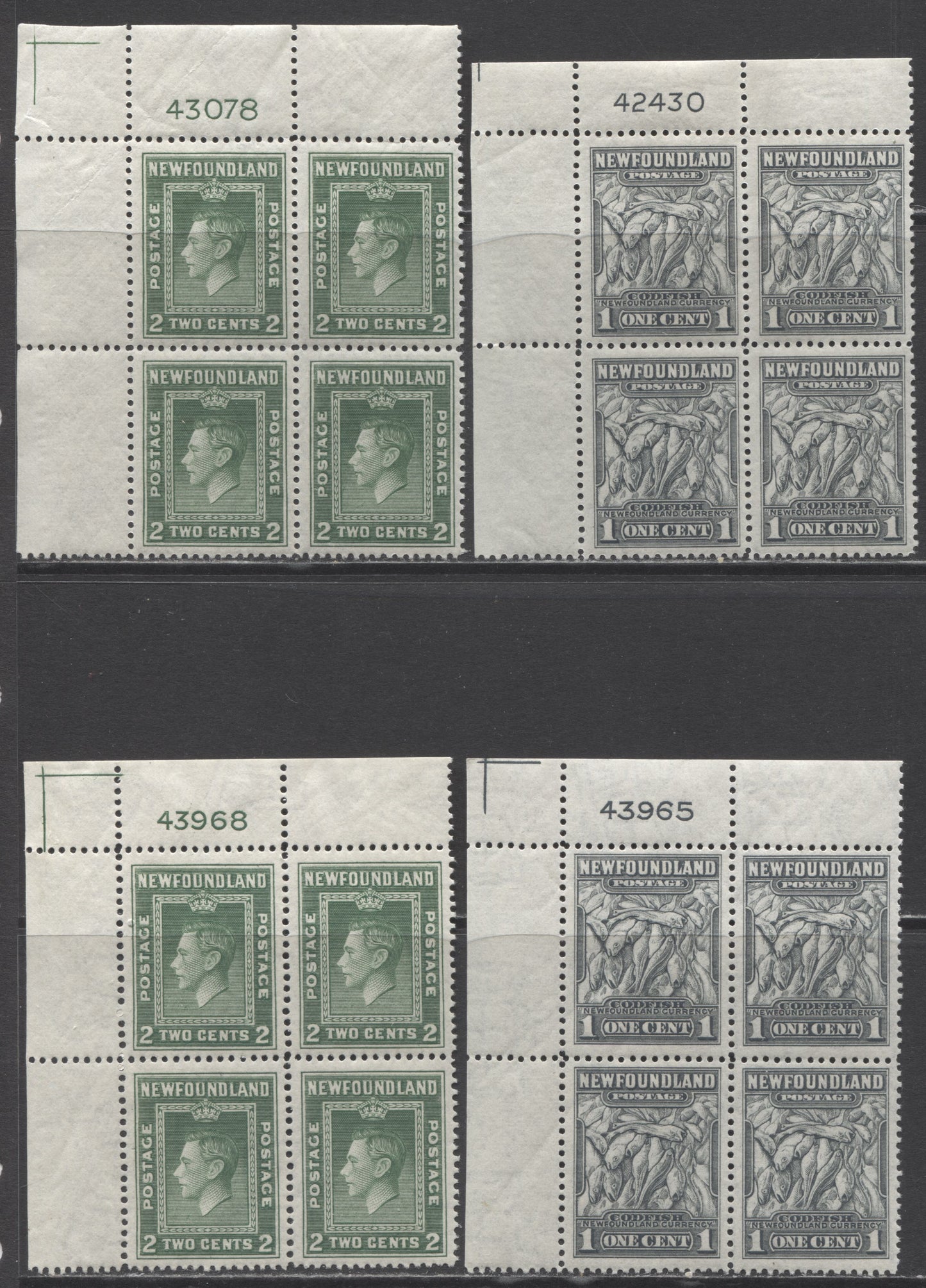 Lot 210 Newfoundland #253-254 1c & 2c Dark Gray & Deep Green Codfish & King George VI, 1941-1944 Resources Re-Issue, 4 VFNH UL Plate Blocks Of 4