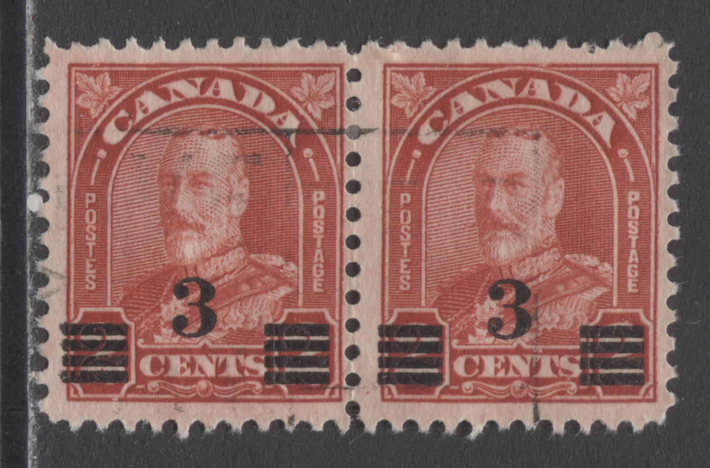 Lot 210 Canada #191avar 3c On 2c Deep Red King George V, 1932 Arch/Leaf Provisional Issue, A Fine Used Pair With Stroke In Left 2, Pl 5 UR Pos 91