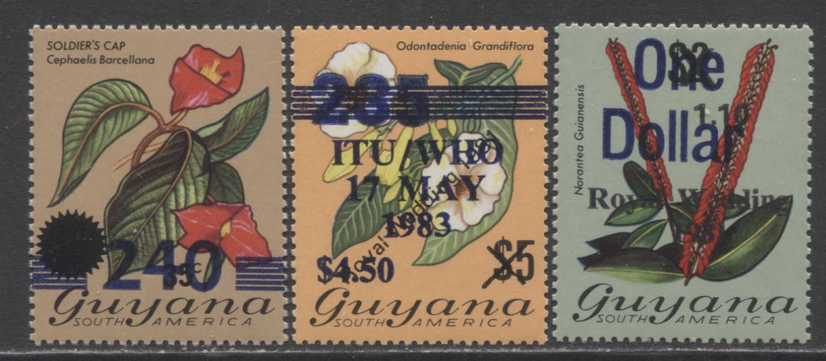 Lot 21 Guyana SC#621/703 1981 Surcharged Floral Definitive Issues, A VFNH Range Of Singles, 2017 Scott Cat. $15 USD, Click on Listing to See ALL Pictures
