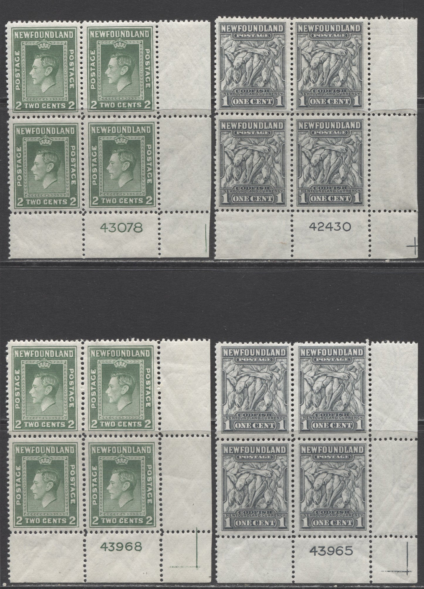 Lot 211 Newfoundland #253-254 1c & 2c Dark Gray & Deep Green Codfish & King George VI, 1941-1944 Resources Re-Issue, 4 F/VFNH LR Plate Blocks Of 4