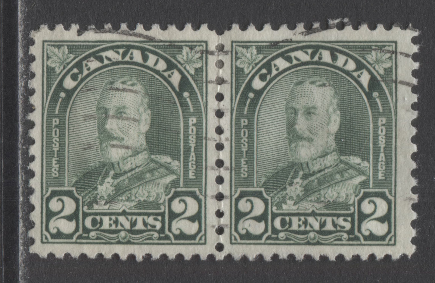 Lot 211 Canada #164var 2c Dull Green King George V, 1930-1931 Arch/Leaf Issue, A Very Fine Used Pair With A Stroke In Left 2, Pl 5 LR Pos 10