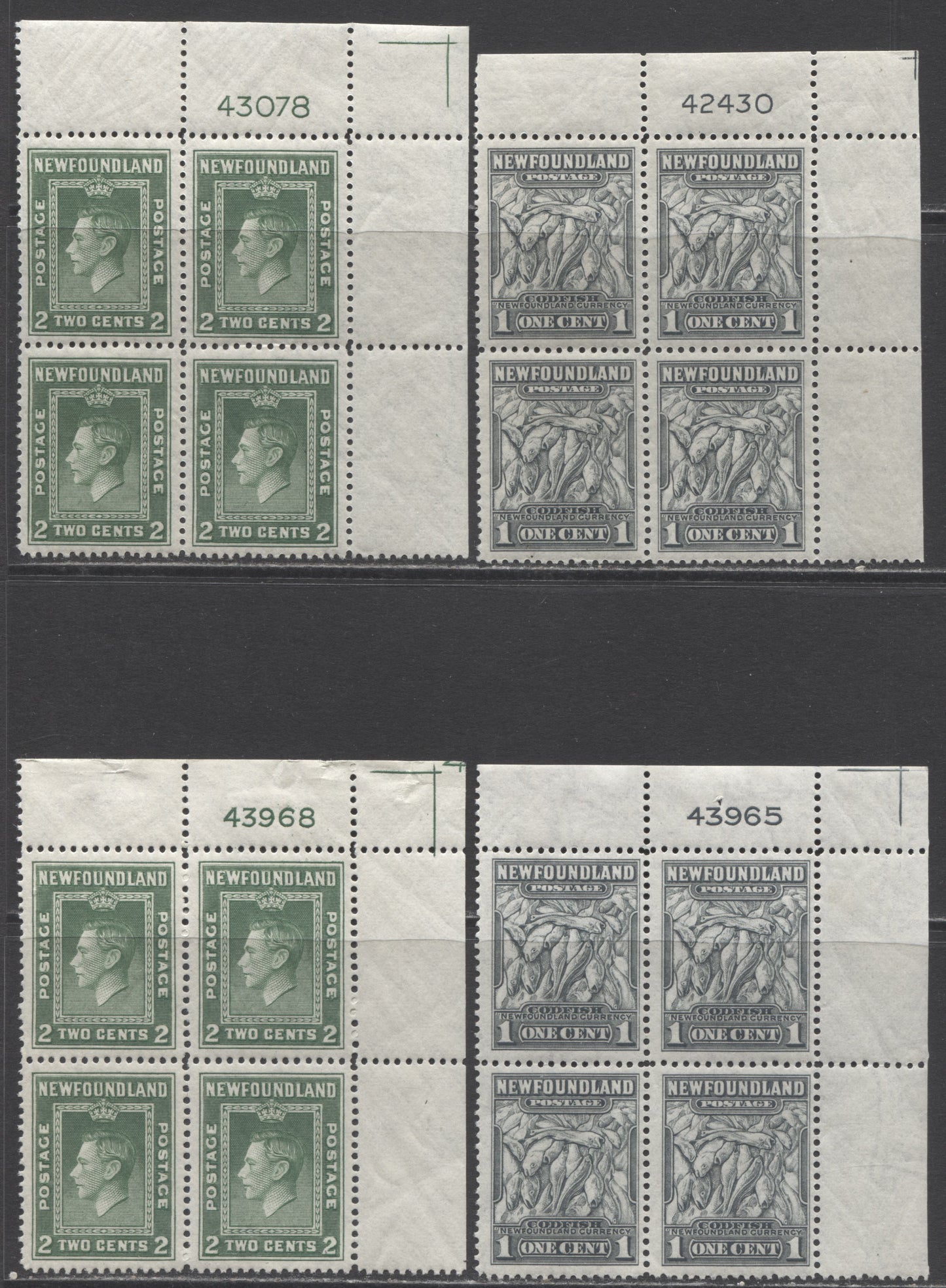 Lot 212 Newfoundland #253-254 1c & 2c Dark Gray & Deep Green Codfish & King George VI, 1941-1944 Resources Re-Issue, 4 F/VFNH UR Plate Blocks Of 4