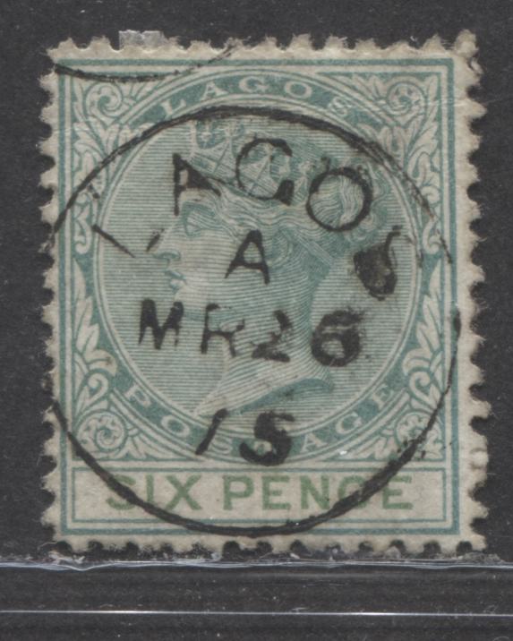 Lot 212 Lagos SG#6 (SC#5) 6d Deep Green & Deep Bright Yellow Green, Queen Victoria, 1874-1876 Perf. 12.5 Crown CC Issue, 5th Printing, A Very Fine CDS Used, March 26, 1875 Lagos CDS, 2022 Scott Classic Cat. $20 USD,  Click on Listing to See ALL Pictures