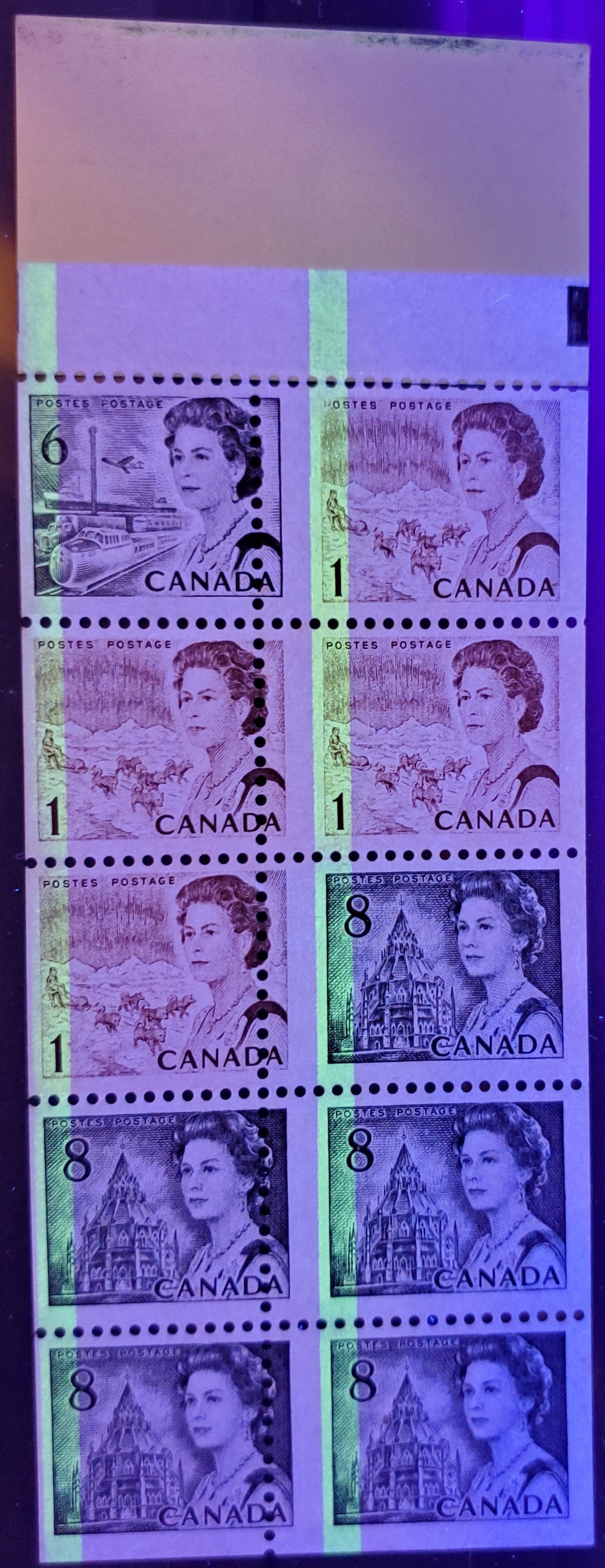 Lot 213 Canada #bk71e 1c, 6c & 8c Brown, Black & Slate Queen Elizabeth II, 1967-1973 Centennial Issue, A VFNH 50c GT2 OP4 Booklet Pane On MF Smooth Paper, Black Sealing, Strip, Perf Shift, G2aL