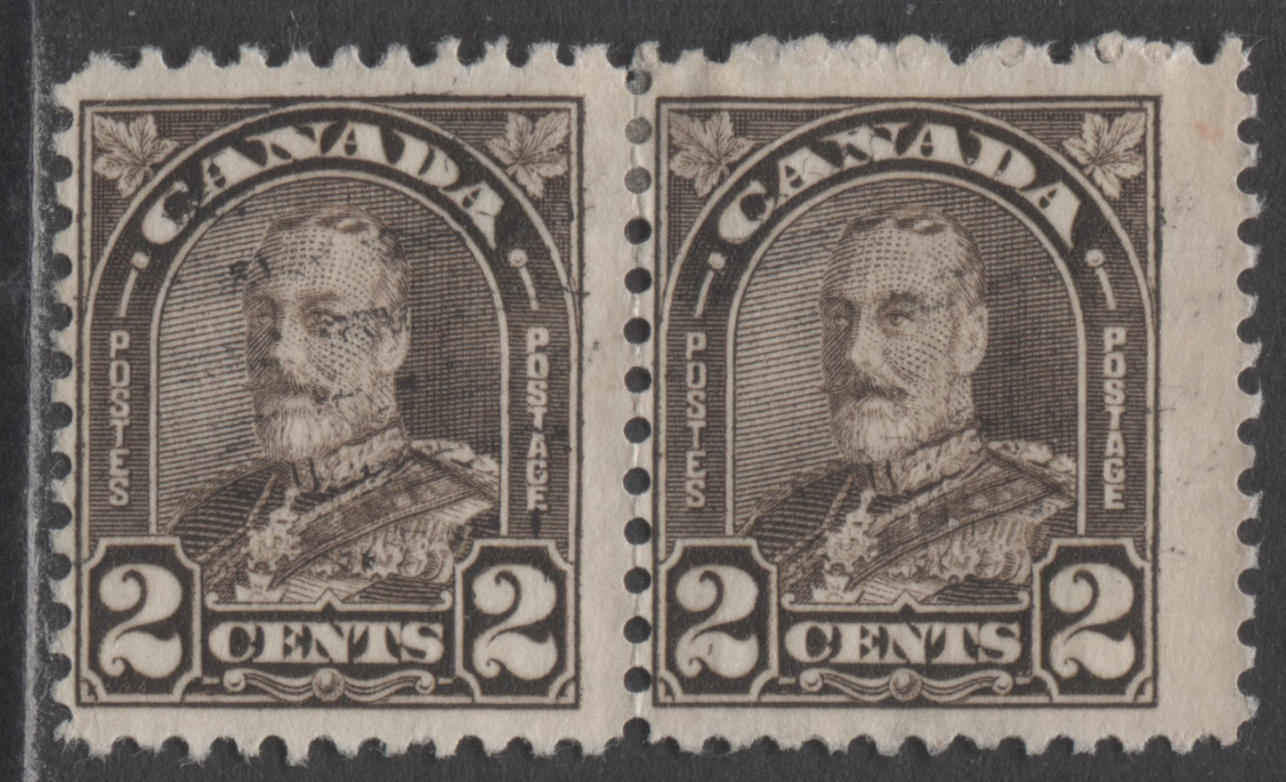 Lot 213 Canada #166bvar 2c Dark Brown King George V, 1930-1931 Arch/Leaf Issue, A Fine Used Pair With A Stroke In Left 2, Pl 5 LR Pos 10