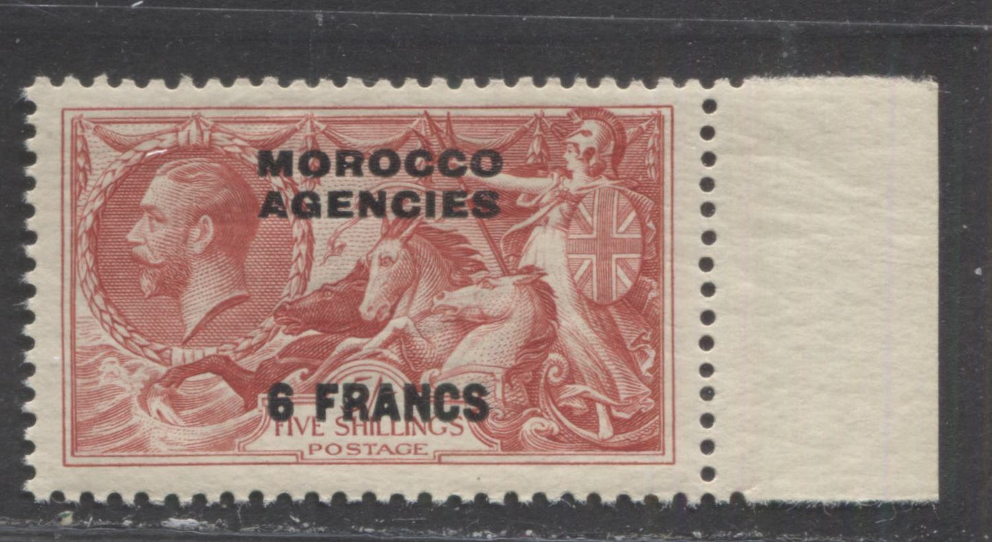 Lot 213 Morocco Agencies SC#436 6Fr On 5/- Deep Rose Red 1935-1937 Overprints on Re-Engraved Waterlow Seahorses, A VFNH Example, Net Est, $22, Click on Listing to See ALL Pictures