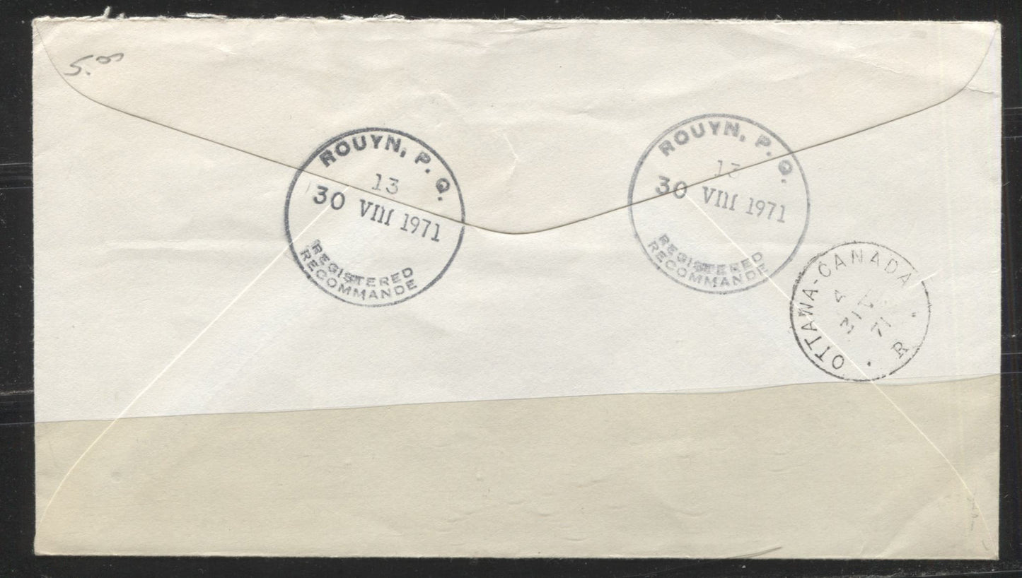 Lot 213 Canada #454ii & 465Aiii 1c And 50c Brown And Orange Brown Queen Elizabeth II And Summer's Stores, 1967-1973 Centennial Definitive Issue, A 1c HB  And 50c LF Registered On 6c Postal Stationary Envelope To Pay 7c Letter Rate + Registered
