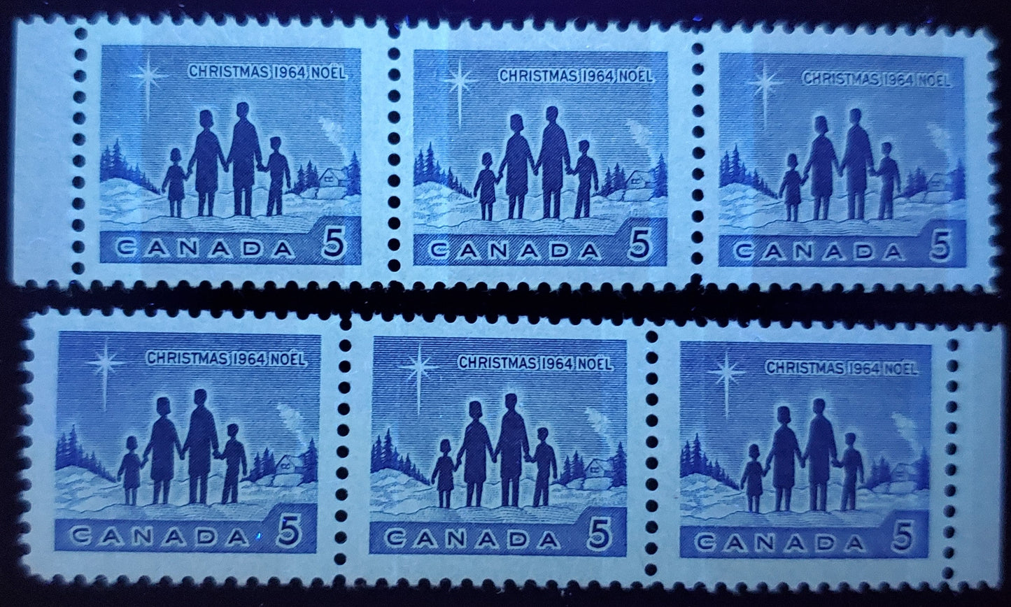 Lot 213 Canada #435pii, 435piv 5c Dull Blue, 1964 Christmas - Star Of Bethlehem Issue, 2 VFNH Margin Strips Of 3 W2B Wide And Narrow Bar, On DF Paper