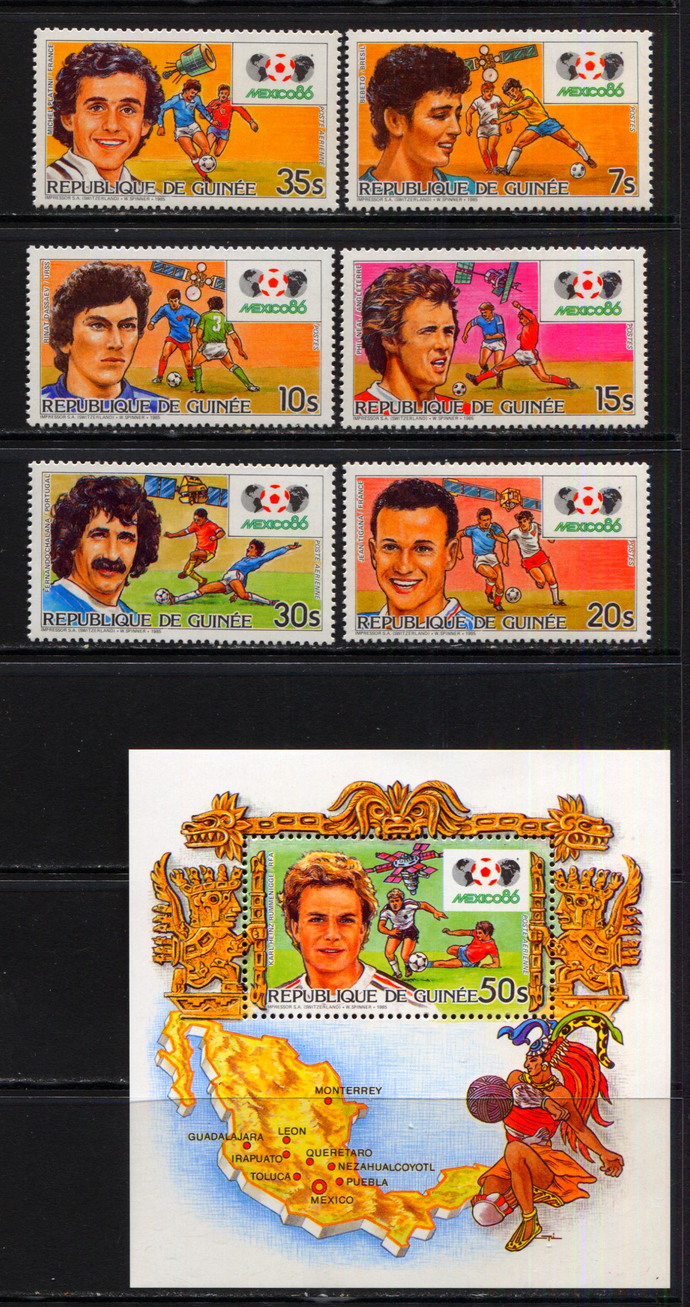 Lot 214 Guinea SC#946-952 1985 World Cup Issue, A VFNH Range Of Singles & Souvenir Sheets, 2017 Scott Cat. $23.4 USD, Click on Listing to See ALL Pictures
