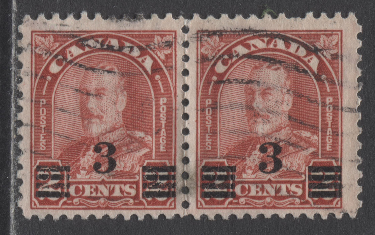 Lot 214 Canada #191avar 3c On 2c Deep Red King George V, 1932 Arch/Leaf Provisional Issue, A Fine Used Pair With A Stroke In Left 2, Pl 5 LR Pos 10