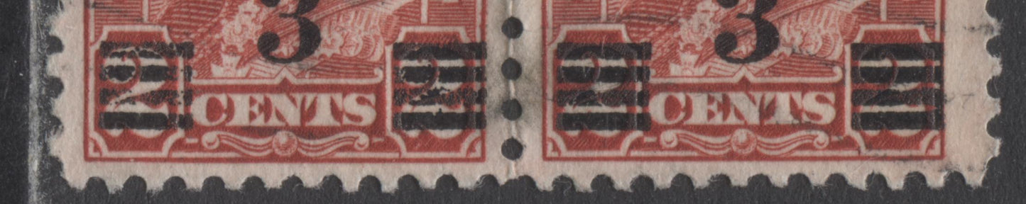 Lot 214 Canada #191avar 3c On 2c Deep Red King George V, 1932 Arch/Leaf Provisional Issue, A Fine Used Pair With A Stroke In Left 2, Pl 5 LR Pos 10