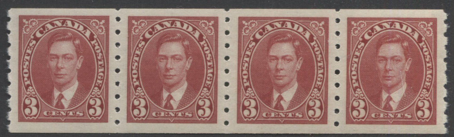 Lot 214 Canada #240 3c Carmine King George VI, 1937 Mufti Coil Issue, A VFNH Coil Strip Of 4 On Horizontal Wove Paper With Deep Cream Gum