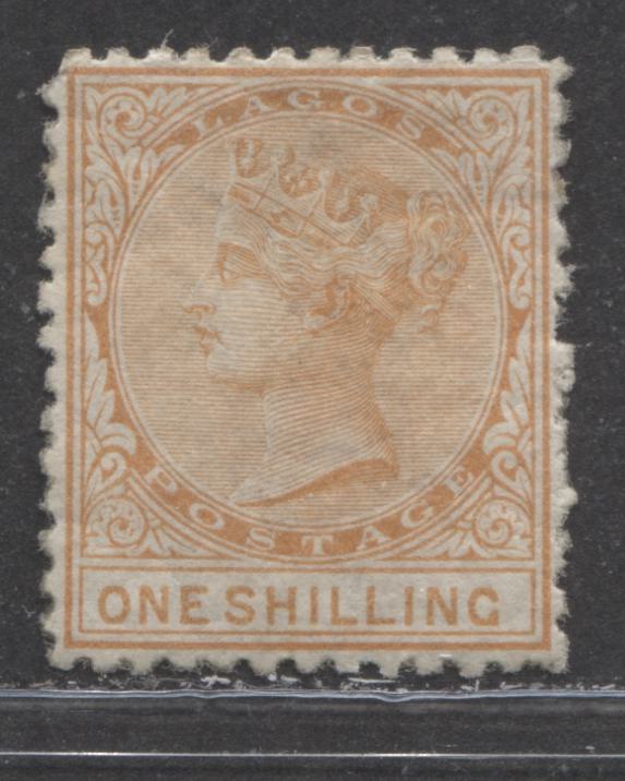 Lot 434 Lagos SG#8 (SC#6a) 1/- Pale Dull Orange, Queen Victoria, 1874-1876 Perf. 12.5 Crown CC Issue, 1st Printing, A Very Fine Regummed Example With "Shilling" 15.5 mm Long, 2022 Scott Classic Cat. $700 USD,  Click on Listing to See ALL Pictures