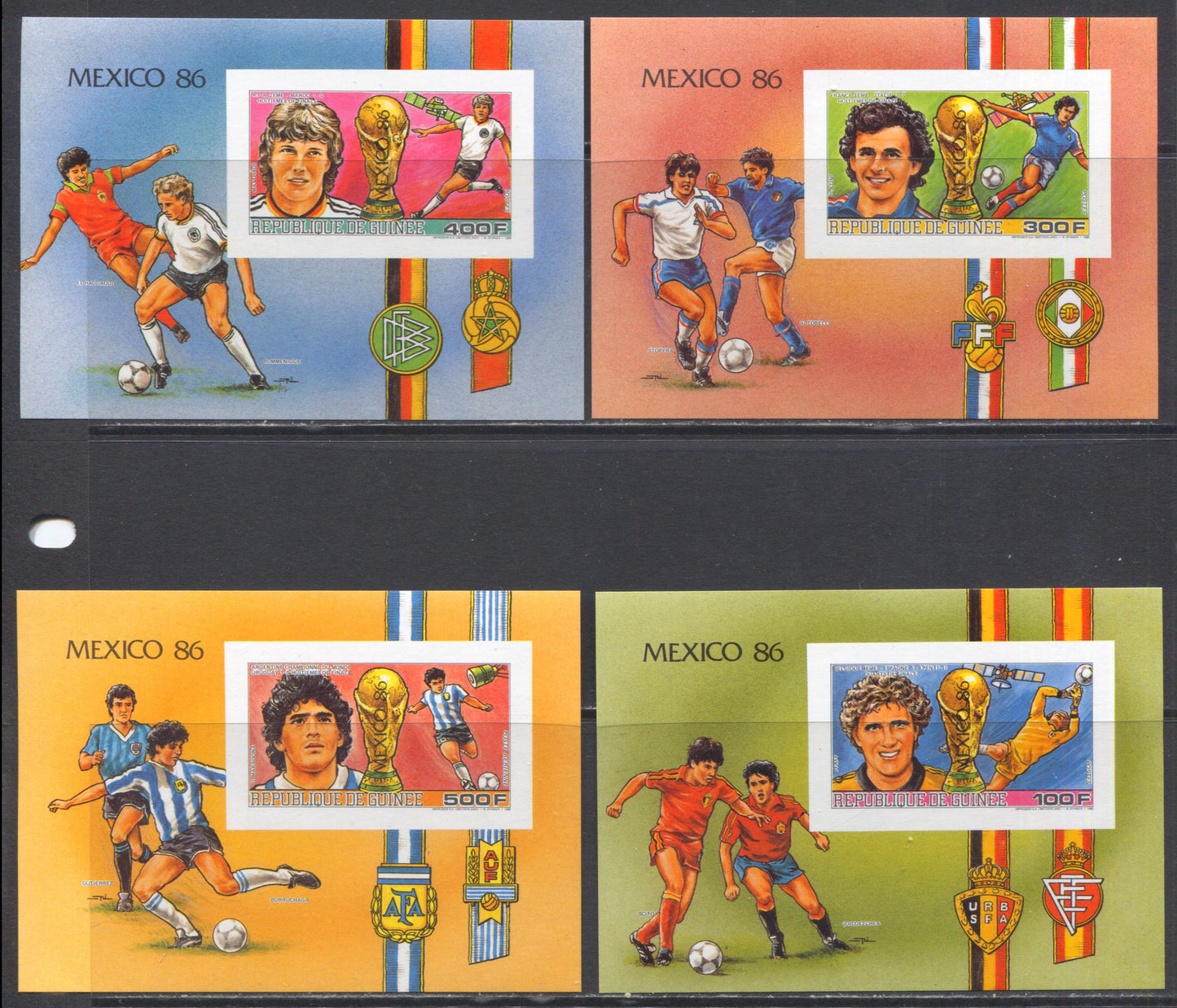 Lot 215 Guinea SC#1017-1020 1986 World Cup Issue, A VFNH Range Of Imperf Souvenir Sheetlets, 2017 Scott Cat. $11.1 USD, Click on Listing to See ALL Pictures