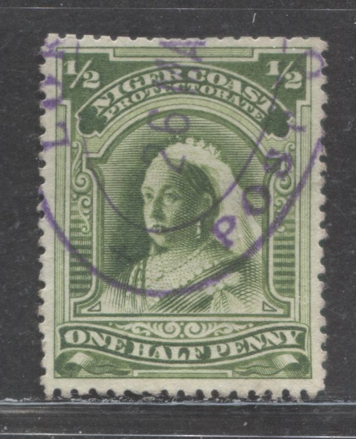 Lot 216 Niger Coast SC#55(SG#66b) One Halfpenny Yellow Green 1897 - 1898 Watermarked Issue, Perf 14.5 - 15, A Fine Used Example, Click on Listing to See ALL Pictures, Estimated Value $15 USD