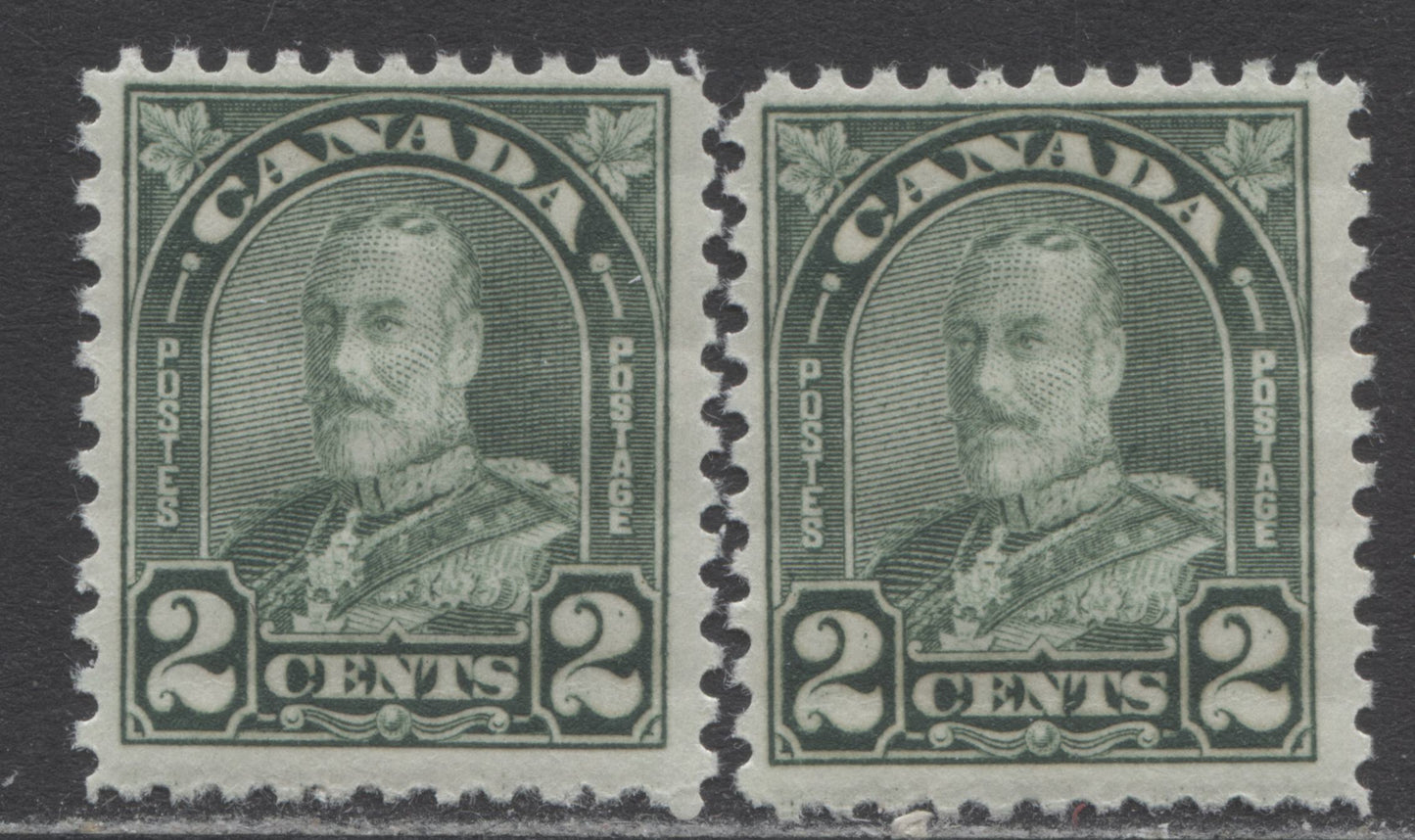 Lot 216 Canada #164var 2c Dull Green King George V, 1930-1931 Arch/Leaf Issue, 2 FNH Singles With Dot In Right 2 At UR, & Dots In Both 2's, Plate & Position Unknown