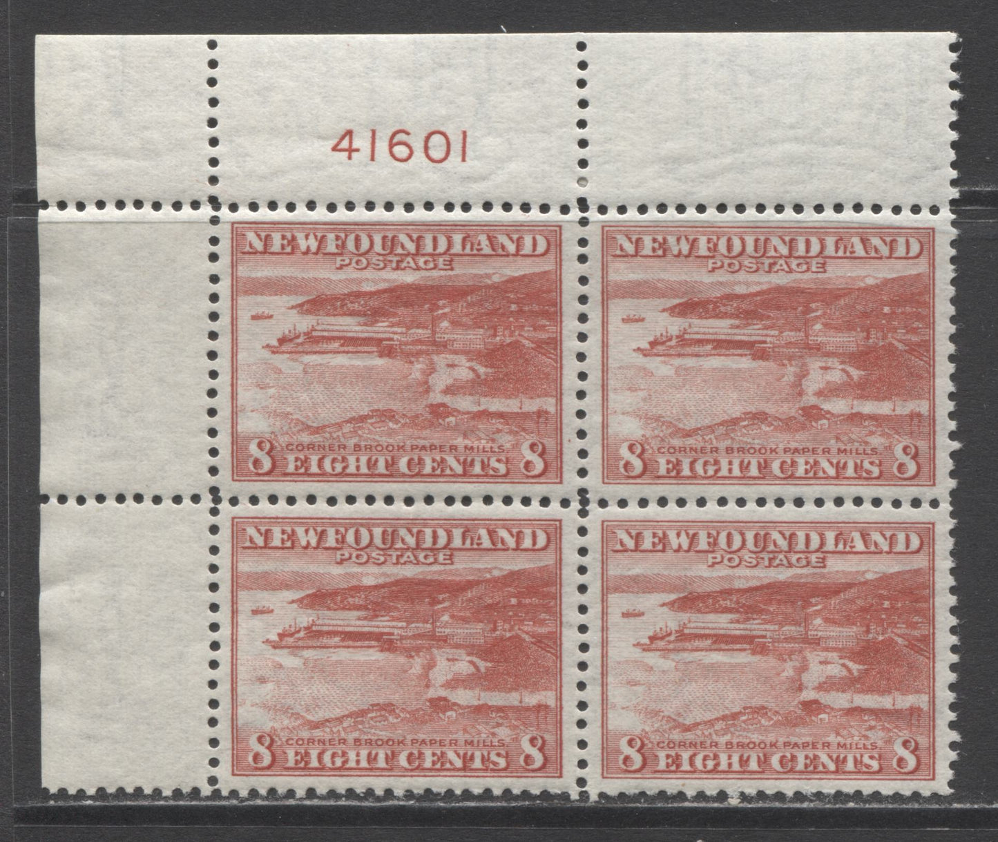 Lot 217 Newfoundland #259 8c Red Corner Brook Paper Mill, 1941-1944 Resources Re-Issue, A VFNH UL Plate 41601 Block Of 4