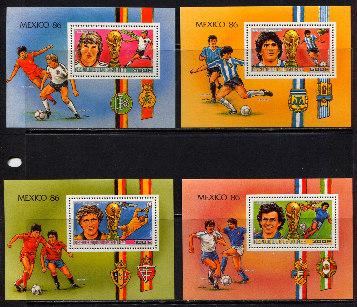 Lot 217 Guinea SC#1017-1020 1986 World Cup Issue, A VFNH Range Of Souvenir Sheets, 2017 Scott Cat. $11.1 USD, Click on Listing to See ALL Pictures