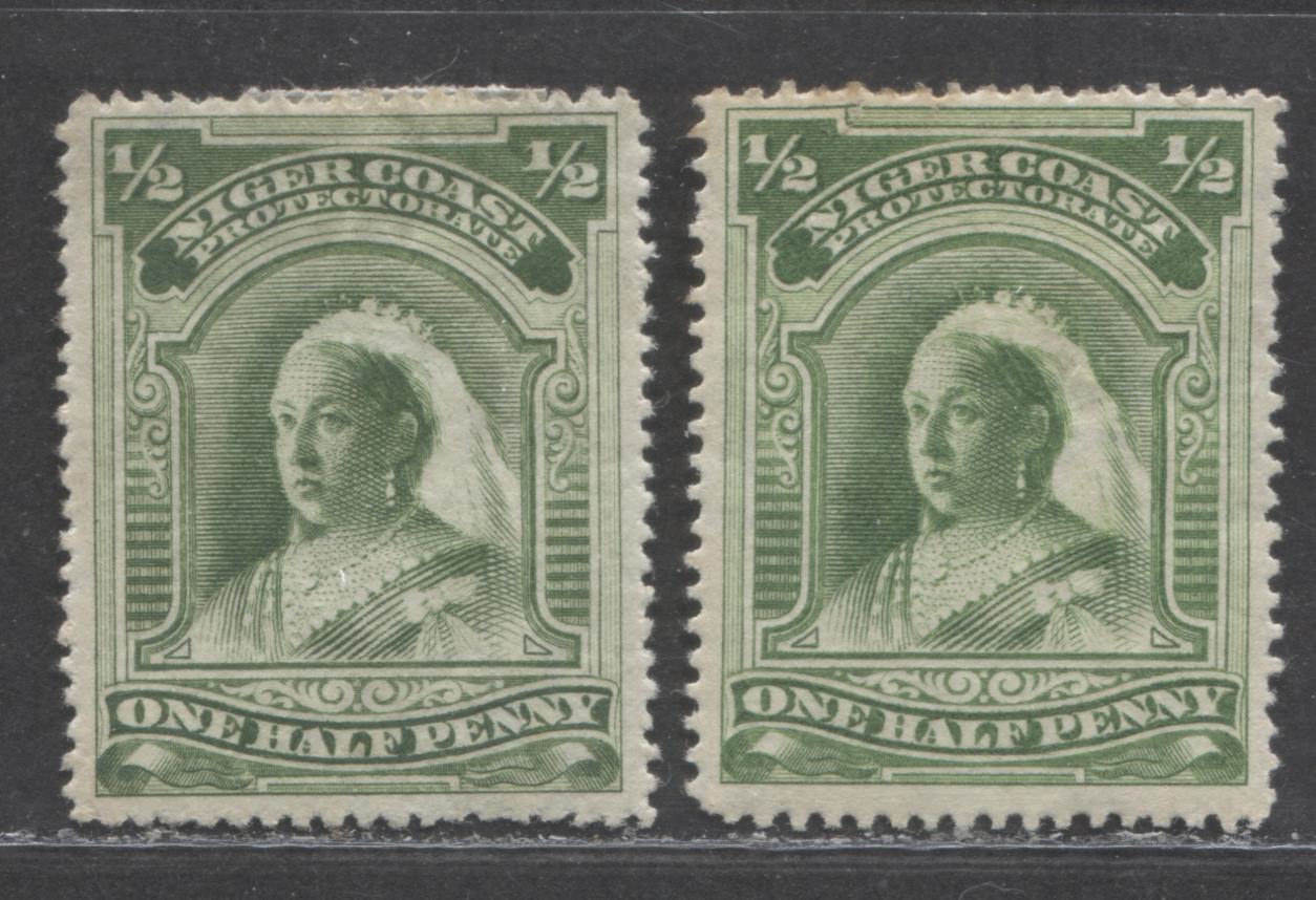 Lot 218 Niger Coast SC#55(SG#66,66c) One Halfpenny Green, Yellow Green 1897 - 1898 Watermarked Issue, Perf 15.5-16 & 14.5 - 15 , A Fine - Very Fine OG Example, Click on Listing to See ALL Pictures, Estimated Value $20 USD
