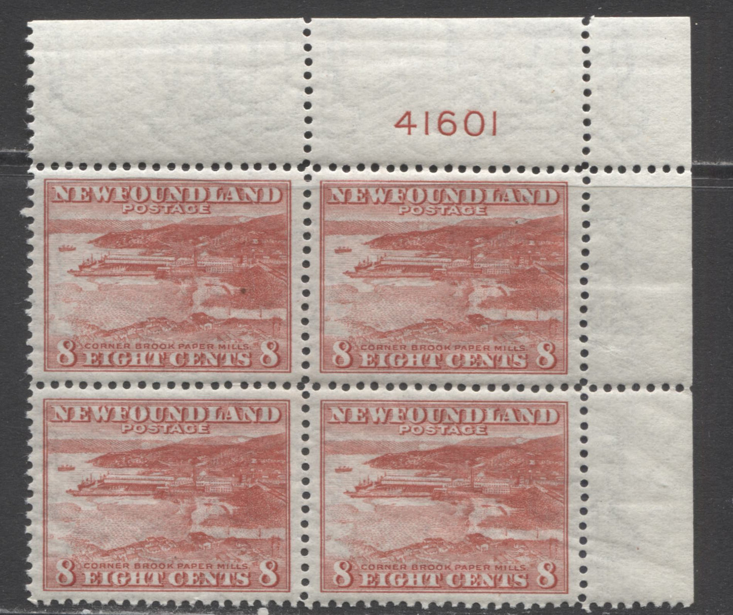 Lot 218 Newfoundland #259 8c Red Corner Brook Paper Mill, 1941-1944 Resources Re-Issue, A VFNH UR Plate 41601 Block Of 4