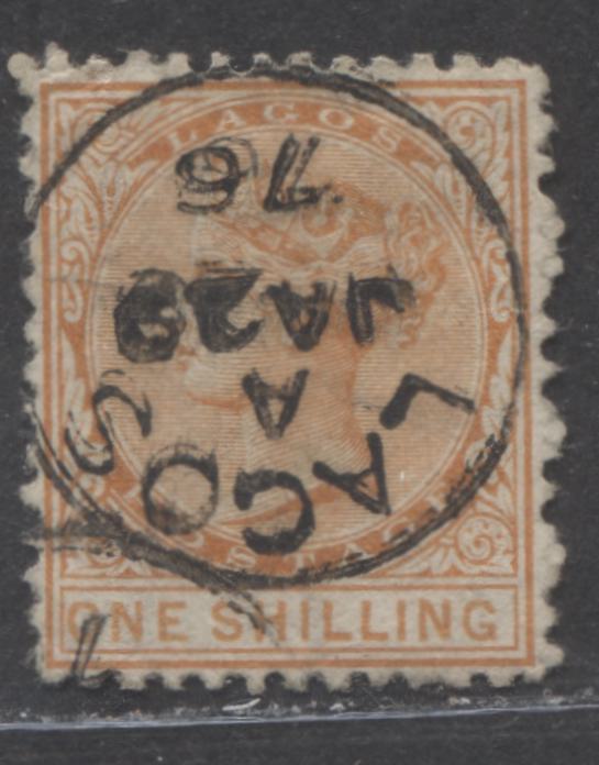 Lot 218 Lagos SG#8a (SC#6) 1/- Orange, Queen Victoria, 1874-1876 Perf. 12.5 Crown CC Issue, 2nd Printing, A Fine Used Example With "Shilling" 16.5 mm Long, January 29, 1876 Lagos CDS, 2022 Scott Classic Cat. $70 USD,  Click on Listing to See ALL Pictures