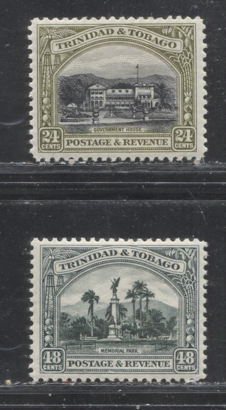 Lot 218 Trinidad & Tobago SG#236-237 24c & 48c Olive Green & Black and Slate Green & Bottle Green Government House & Memorial Park, 1935 Pictorial Definitive Issue, 2 VFOG Singles, Script CA Watermark, Perf. 12