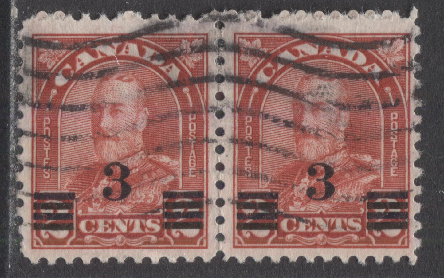 Lot 218 Canada #191var 3c On 2c Deep Red King George V, 1932 Arch/Leaf Provisional Issue, A Fine Used Pair Showing A Flaw In 3 Of Overprint, Pl 8 LR Pos 54