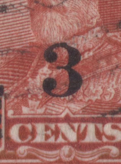 Lot 218 Canada #191var 3c On 2c Deep Red King George V, 1932 Arch/Leaf Provisional Issue, A Fine Used Pair Showing A Flaw In 3 Of Overprint, Pl 8 LR Pos 54