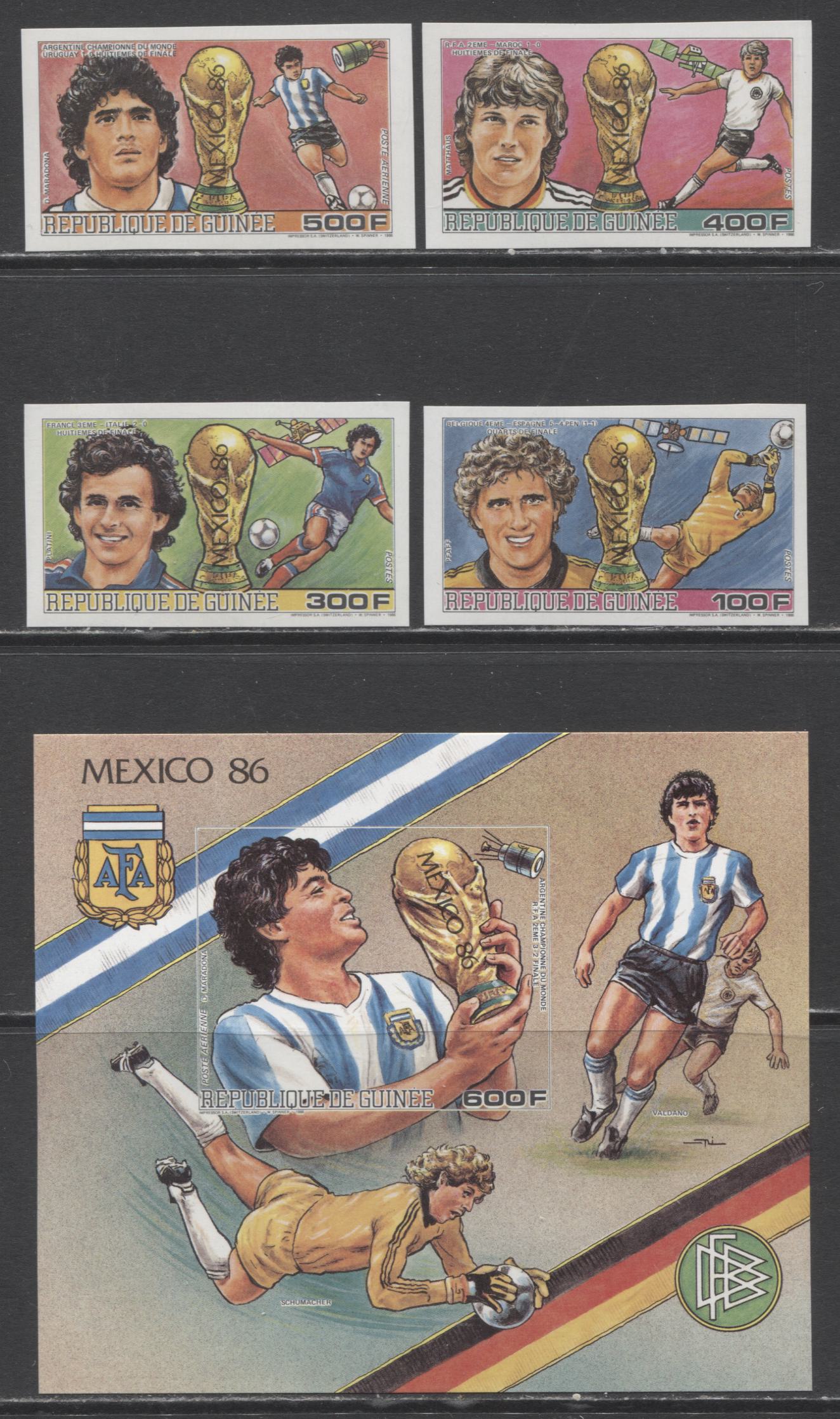 Lot 219 Guinea SC#1017-1021 1986 World Cup Issue, A VFNH Range Of Imperf Singles & Souvenir Sheet, 2017 Scott Cat. $20 USD, Click on Listing to See ALL Pictures