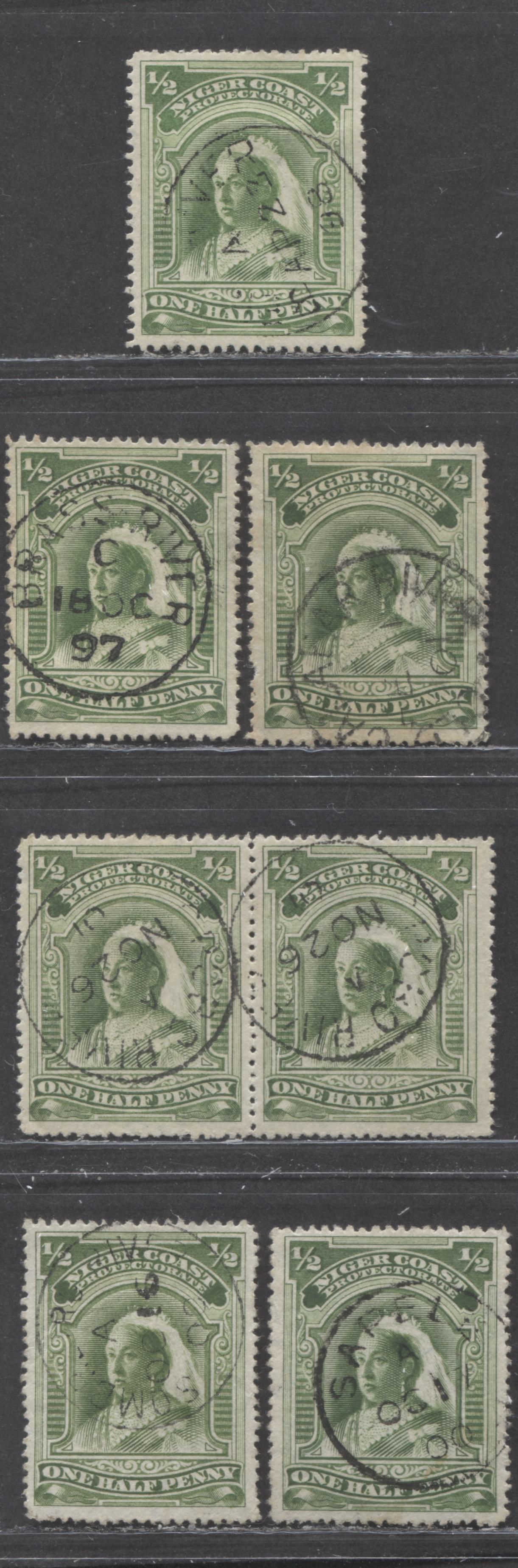 Lot 219 Niger Coast SC#55,55a(SG#66c) One Halfpenny Green 1897 - 1898 Watermarked Issue, Perf 15.5 - 16., A Fine - Very Fine Used Example, Click on Listing to See ALL Pictures, Estimated Value $45 USD