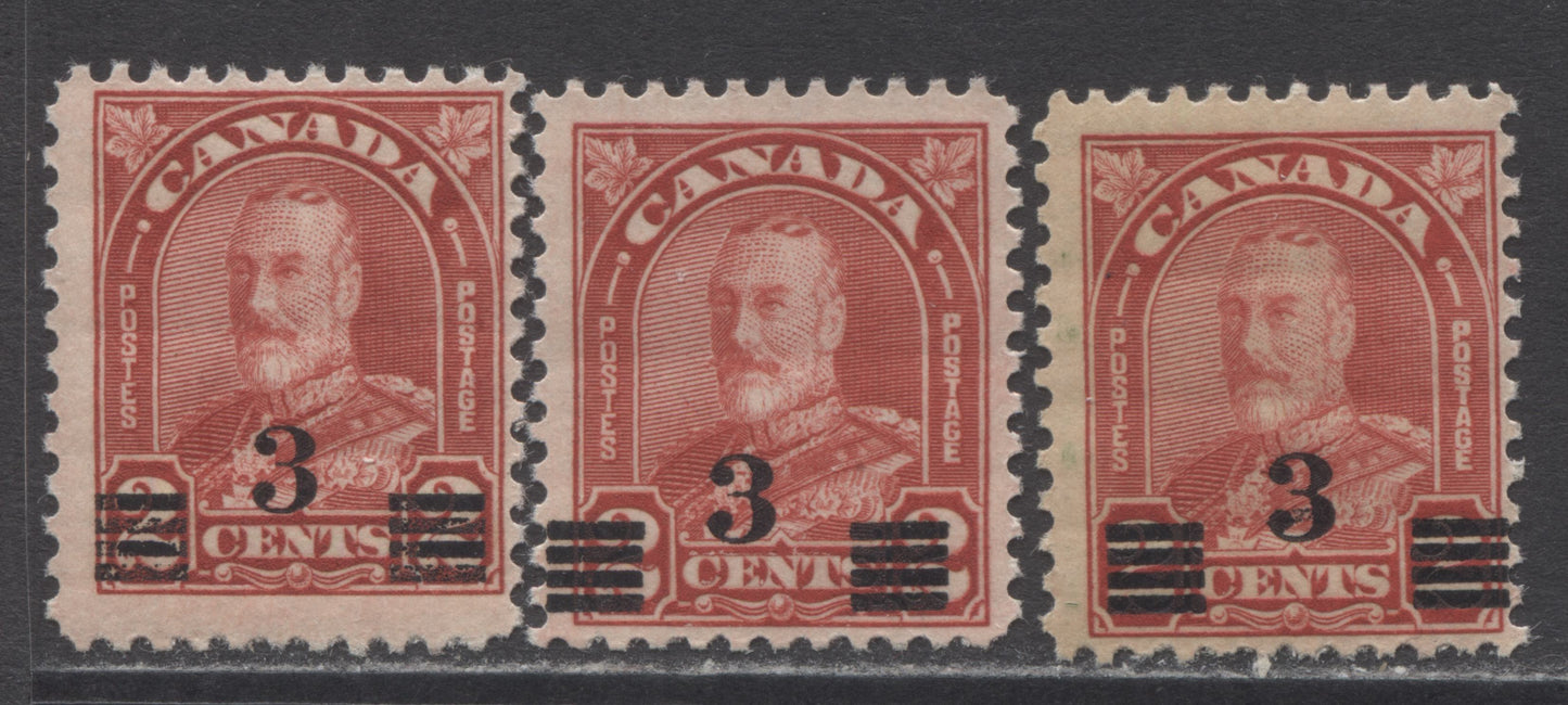 Lot 219 Canada #191a 3c On 2c Deep Red King George V, 1932 Arch/Leaf Provisional Issue, 3 FNH Singles Showing Different Overprint Varieties, Die 1