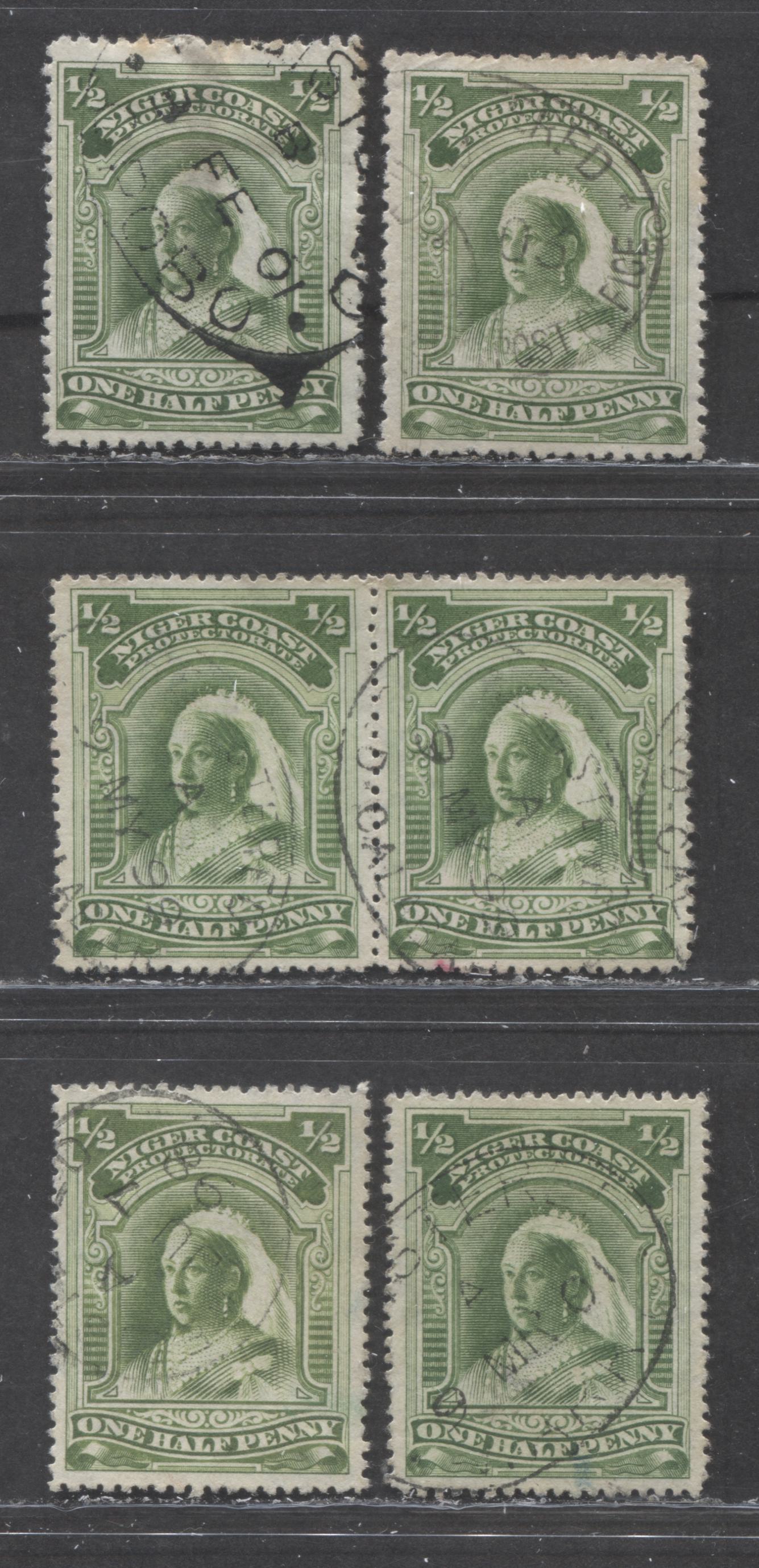 Lot 220 Niger Coast SC#55,55a(SG#66,66b) One Halfpenny Green, Yellow Green 1897 - 1898 Watermarked Issue, Perf 13.5 - 14, 14.5 - 15, A Fine - Very Fine Used Example, Click on Listing to See ALL Pictures, 2022 Scott Classic Cat. $10.5 USD