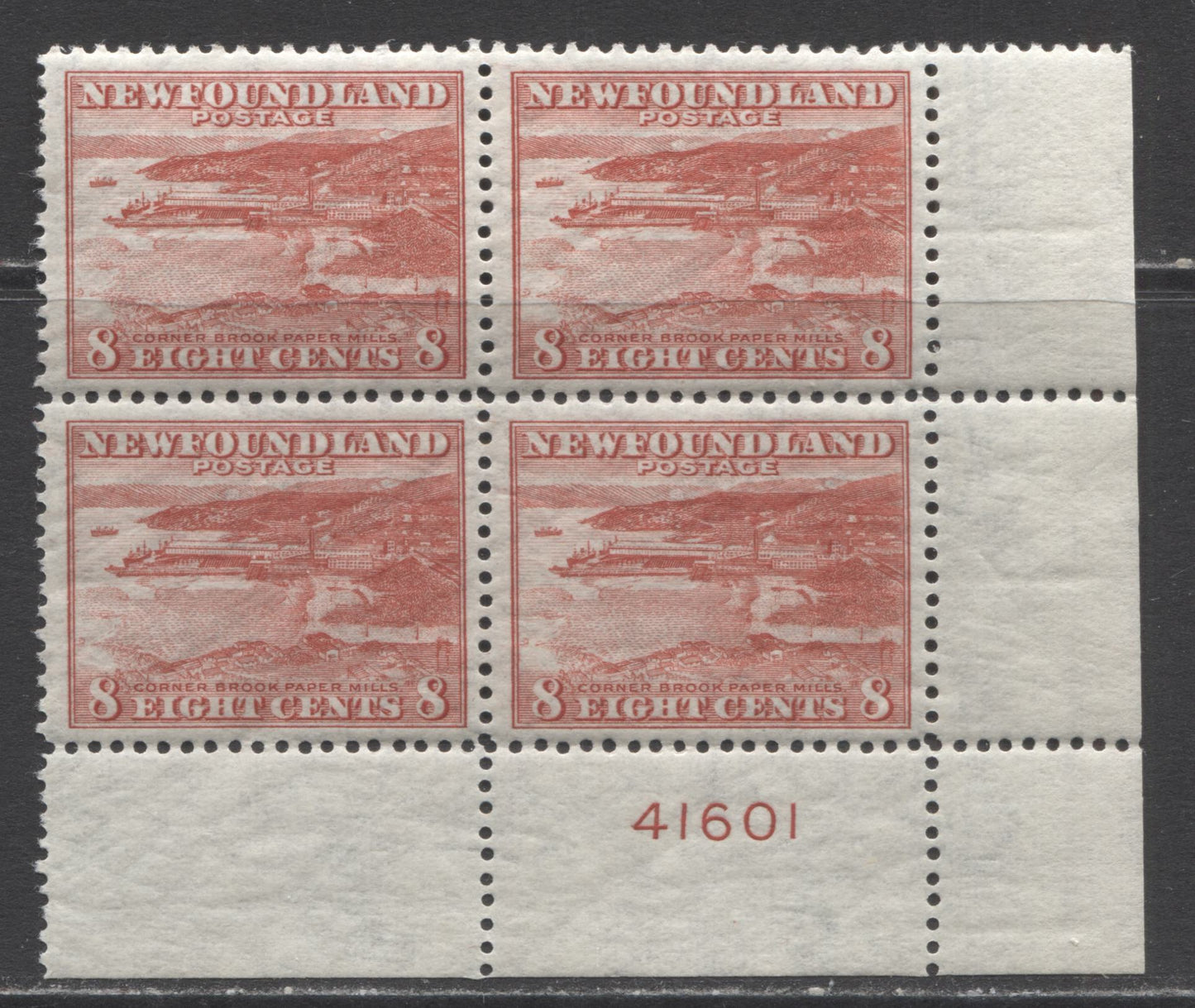 Lot 220 Newfoundland #259 8c Red Corner Brook Paper Mill, 1941-1944 Resources Re-Issue, A VFNH LR Plate 41601 Block Of 4