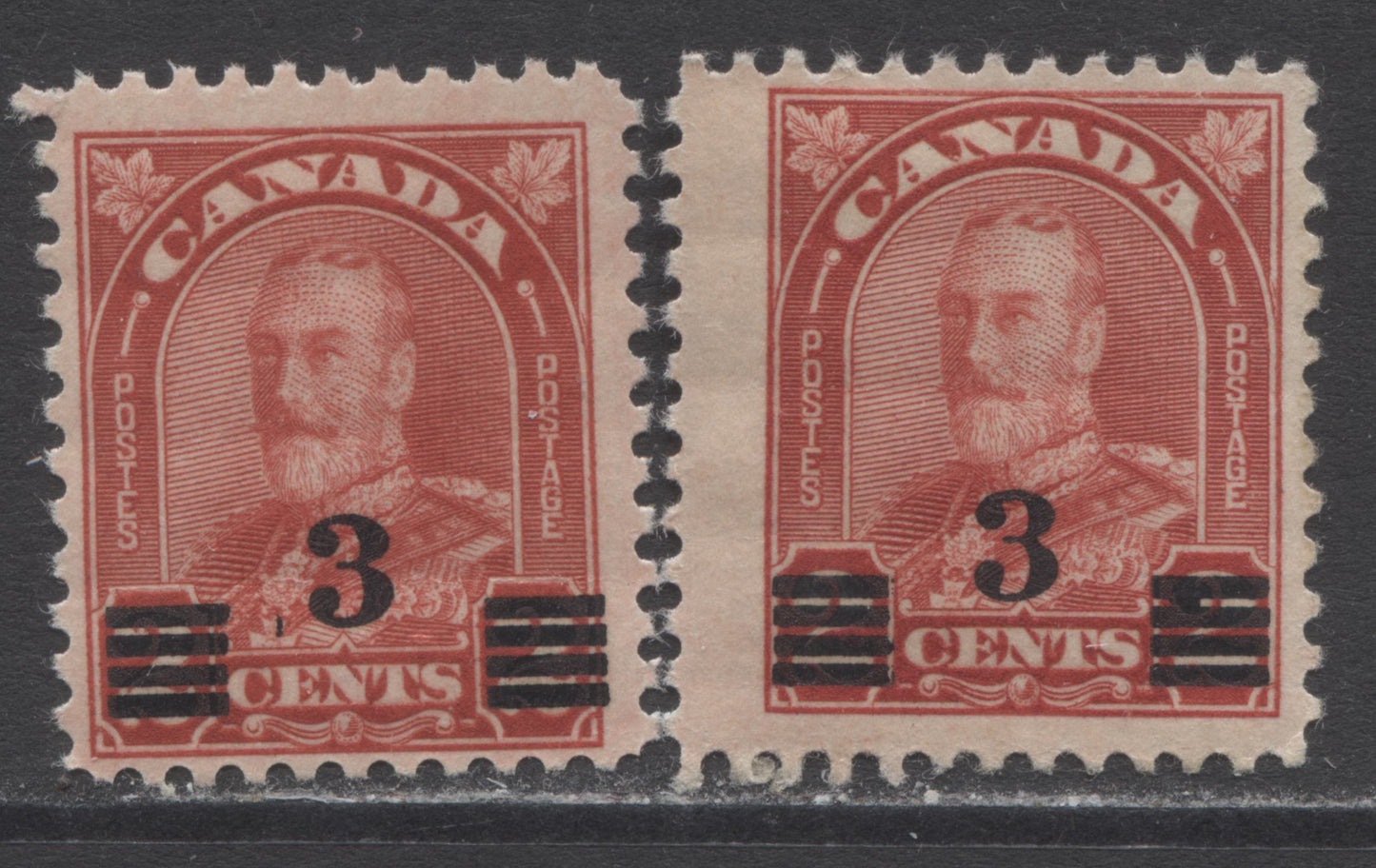 Lot 220 Canada #191 3c On 2c Deep Red King George V, 1932 Arch/Leaf Provisional Issue, 2 FNH & OG Singles Showing Different Overprint Varieties, Die 2