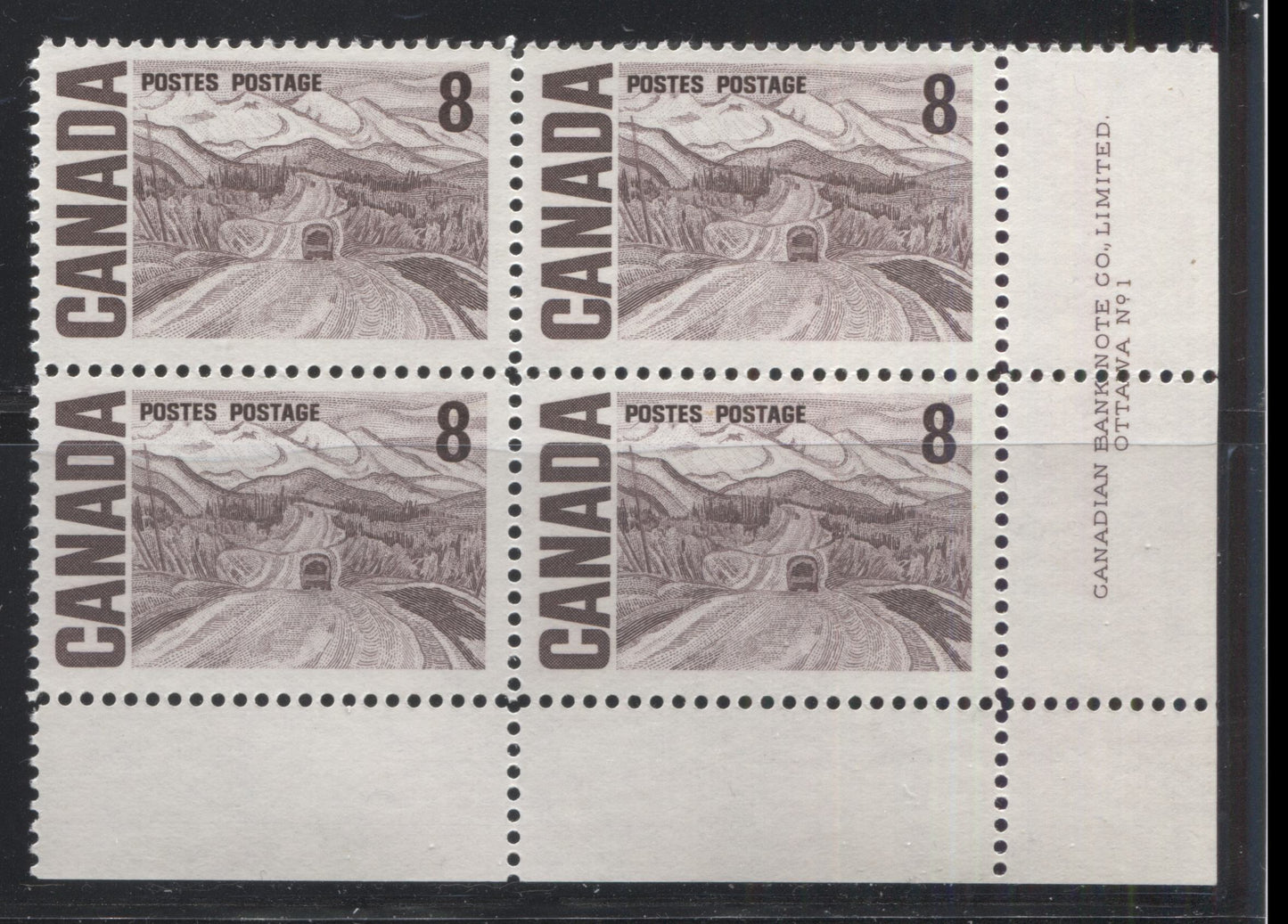 Lot 22 Canada #461i 8c Violet Brown Alaska Highway, 1967-1973 Centennial Definitive Issue, A VFNH LR Plate 1 Block Of 4 On DF-fl Light Violet Horizontal Wove, Vertical Ribbed Paper With Very Few MF Fibers, With Streaky Dex Gum