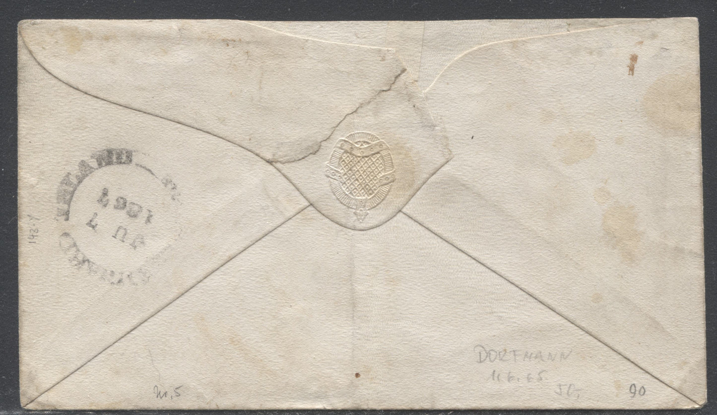 Lot 22 Prince Edward Island #5a 2d Pale Dull Rose on Yellowish Paper Perf. 11.75 Die 1 Single Usage on June 7, 1867 Cover to McAuly and Johnston General Store in Grand River, PEI