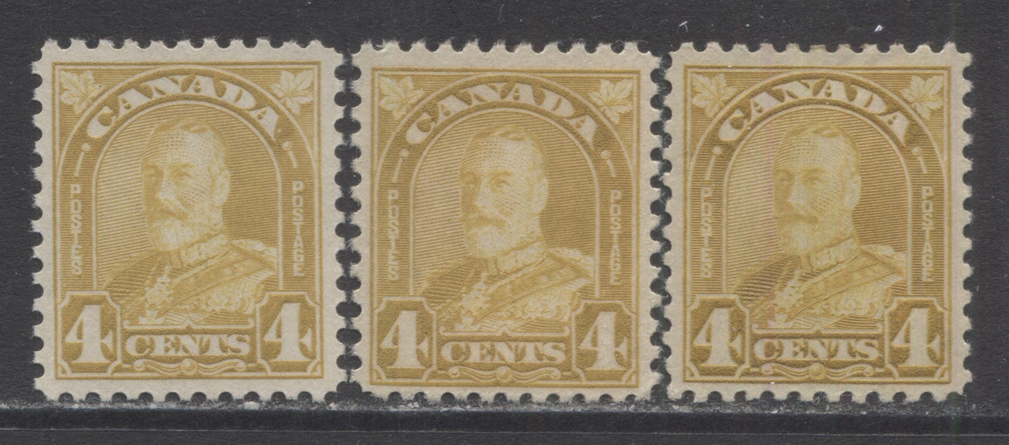 Lot 221 Canada #168 4c Yellow Bistre King George V, 1930-1931 Arch/Leaf Issue, 3 VFOG Singles Showing Different Shades & Gums